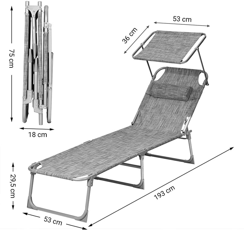 Zonneligstoel, ligstoel, tuinligstoel, met hoofdsteun en zonnedak, rugleuning verstelbaar, licht, inklapbaar, 53 x 193 x 29,5 cm, tot 150 kg ,