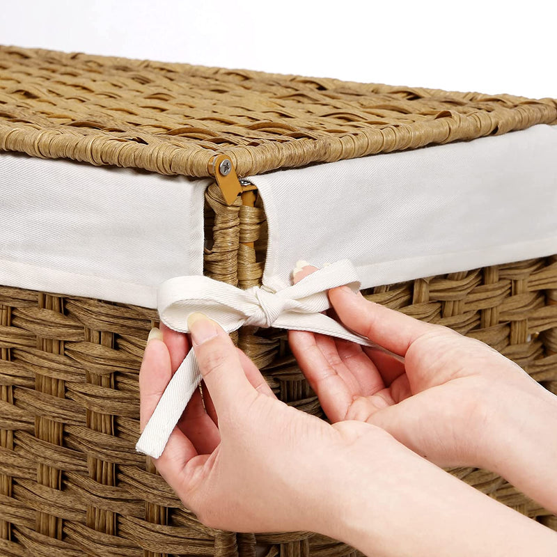 Wasmand handgevlochten, wasmand van synthetisch rotan, met deksel en handgrepen, wassorteerder, opvouwbaar, waszak uitneembaar, natuurlijke kleuren LCB52NL