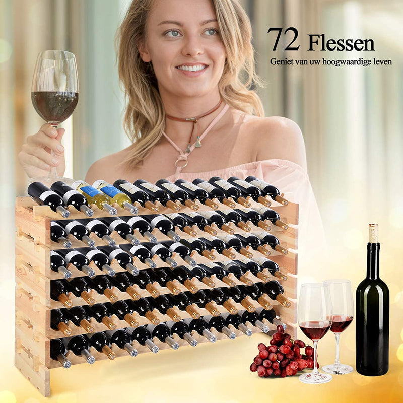wijnrek, 72 fles capaciteit wijnopslag rek, Stapelbare  vrijstaande dennenhout vloer wijnopslag houder, Wijn Display planken, wiebel-vrij