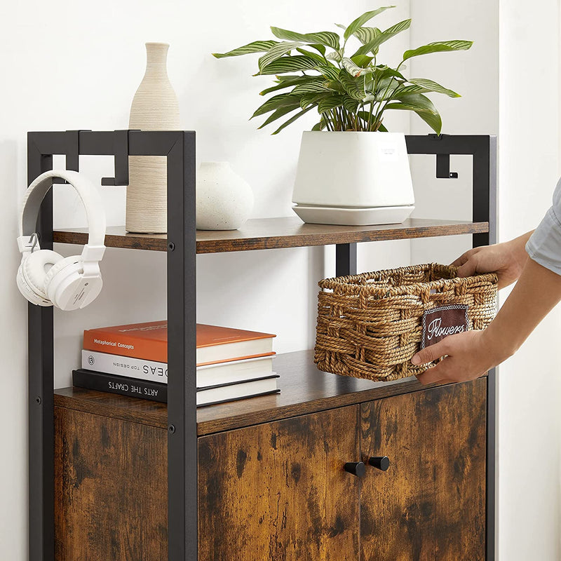 Sideboard, keukenkast, bijzetkast met plank, badkast, stalen frame, voor eetkamer, keuken, woonkamer, entree en slaapkamer, vintage bruin-zwart LSC602B01