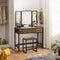 Kaptafel met kruk, Dressing Table met 3-delige klapspiegel en 3 lades, stalen frame, vintage bruin-zwart RVT02BX