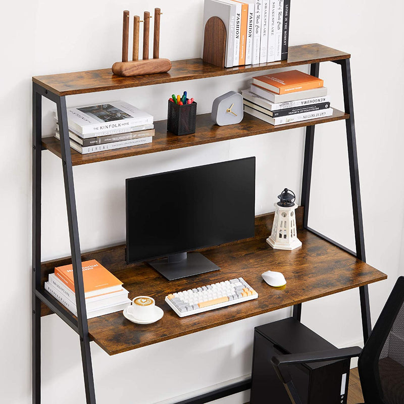 Computer bureau, bureau met rekken, boekenplank, industrieel ontwerp, vintage bruin-zwart LWD069B01