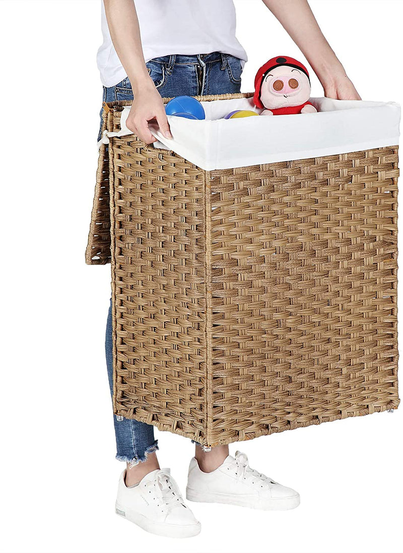 wasmand handgeweven, 90 L, wasbak gemaakt van synthetisch rotan, met deksel en handvatten, opvouwbaar, waszak afneembaar, natuurlijke kleur LCB51NL