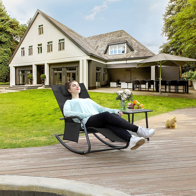 Tuinstoel, ligstoel, schommelstoel met hoofdsteun en zijvak, ijzeren frame, kunstvezelstof, ademend, comfortabel, belastbaar tot 150 kg, zwart GCB23BKV1