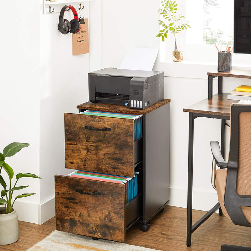Rolcontainer, archiefkast met 2 laden, kantoorkast, voor documenten in DIN A4 en briefformaat, met hangmap,  bruin-zwart OFC040B01