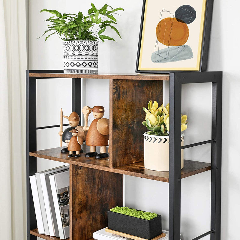 Boekenkast, plank met 4 niveaus, vrijstaande plank,  metalen frame, vintage bruin-zwart