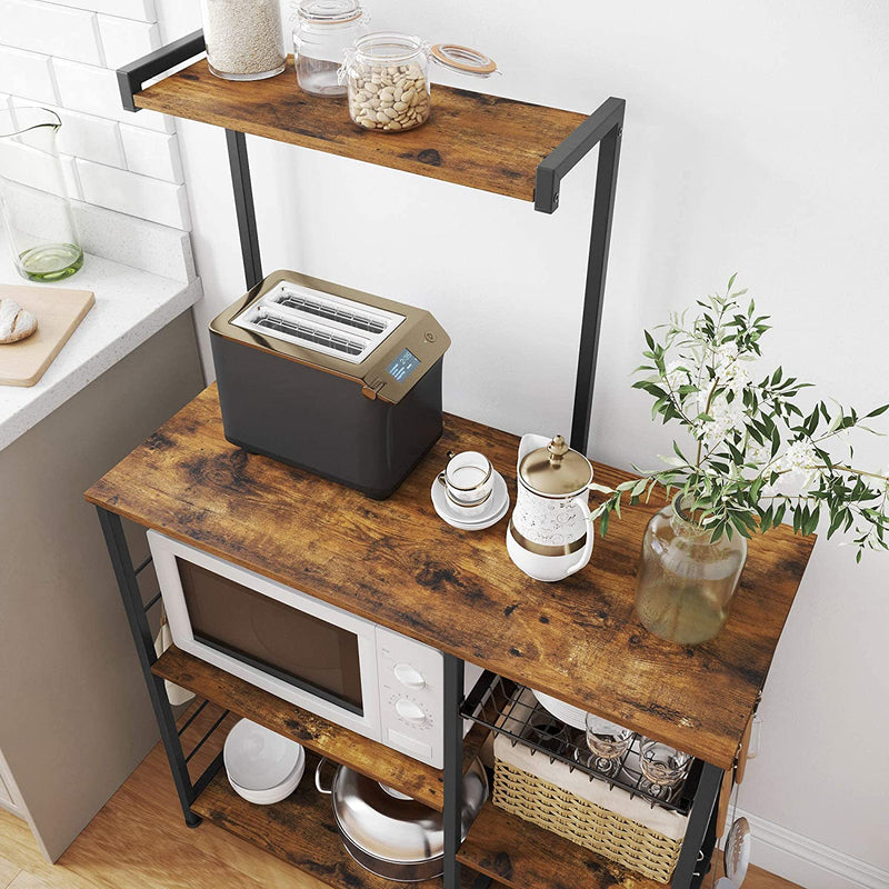 keukenplank, staande plank met metalen mand, bakkerijplank met 6 S-haken en planken, magnetronplank, kruidenrek, voor potten en pannen, industrieel ontwerp, vintage bruin-zwart KKS35X