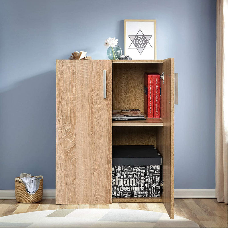 Opbergkast met 2 lagen, houten boekenkast met 2 deuren, moderne multifunctionele staande opslagkast, kast voor woonkamer, studeerkamer & slaapkamer, 60 x 32 x 77cm (Natuurlijk)