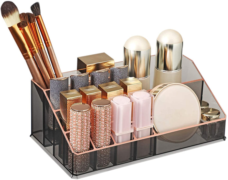Make-up Organiser, 2-delige set Make-up Box, Cosmetische Organizer met 3 laden en 15 verschillende vakken, voor lippenstiften, borstels, zwart transparant en roségoud JKA002B01