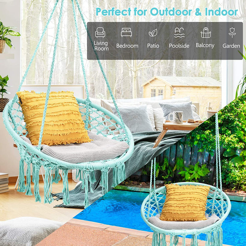Hangstoel, katoenen touw macrame hangende schommelstoel voor woonkamer, tuin, balkon, scandinavische stijl, capaciteit van 150 kg (Groen)
