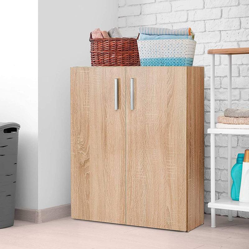 Opbergkast met 2 lagen, houten boekenkast met 2 deuren, moderne multifunctionele staande opslagkast, kast voor woonkamer, studeerkamer & slaapkamer, 60 x 32 x 77cm (Natuurlijk)