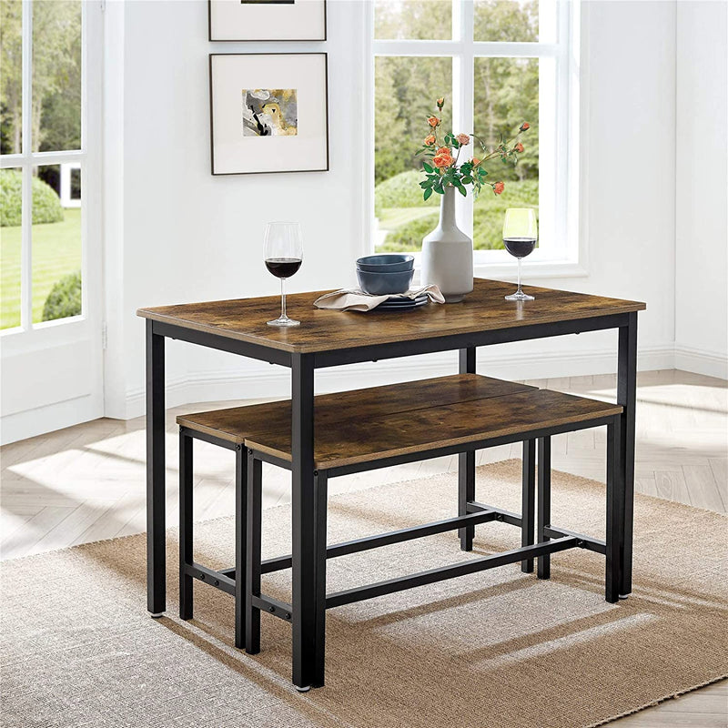 Eettafel, keukentafelset, 110 x 70 x 75 cm, met 2 banken van elk 97 x 30 x 50 cm, metalen frame, voor keuken, woonkamer, eetkamer, industrieel design, vintage bruin-zwart KDT070B01