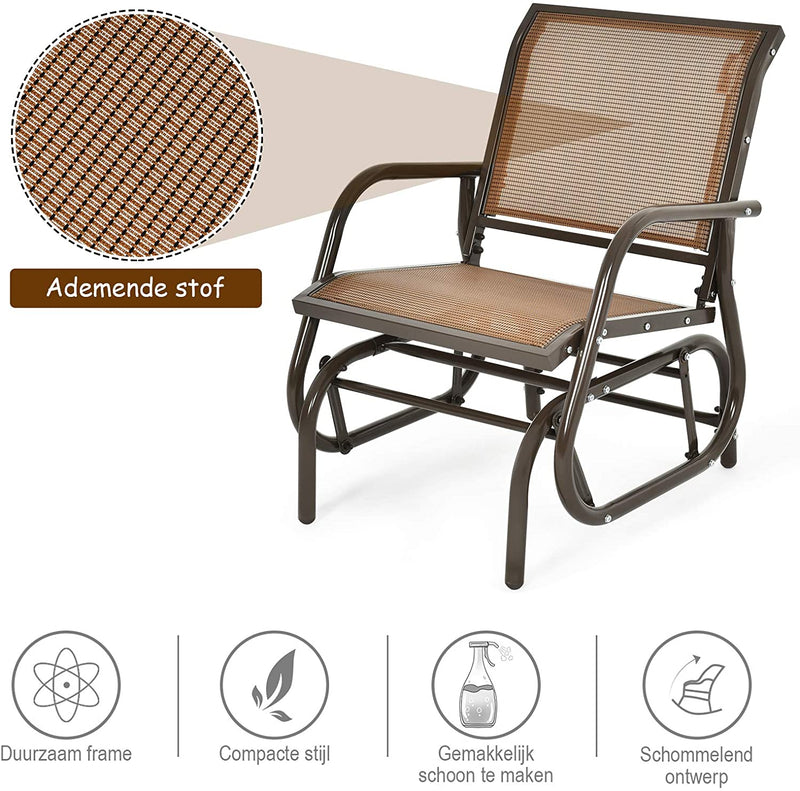 Schommel zweefstoel, Buiten schommelstoel met stevige metalen frame, Comfortabele enkele zweefstoel patio stoel voor tuin, veranda, achtertuin, zwembad, gazon (Bruin)