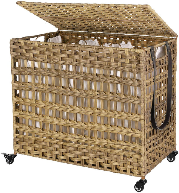 handgeweven wasmand met deksel, wasmand in rotanstijl met 3 aparte compartimenten, handgrepen,  naturel LCB083N01
