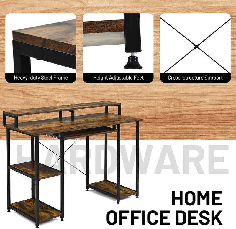 Computer bureau met opbergplanken, monitor standaard, toetsenbord lade, 118 cm computer tafel voor thuiskantoor, stevige computertafel, moderne eenvoudige stijl, werkstation voor kleine ruimtes