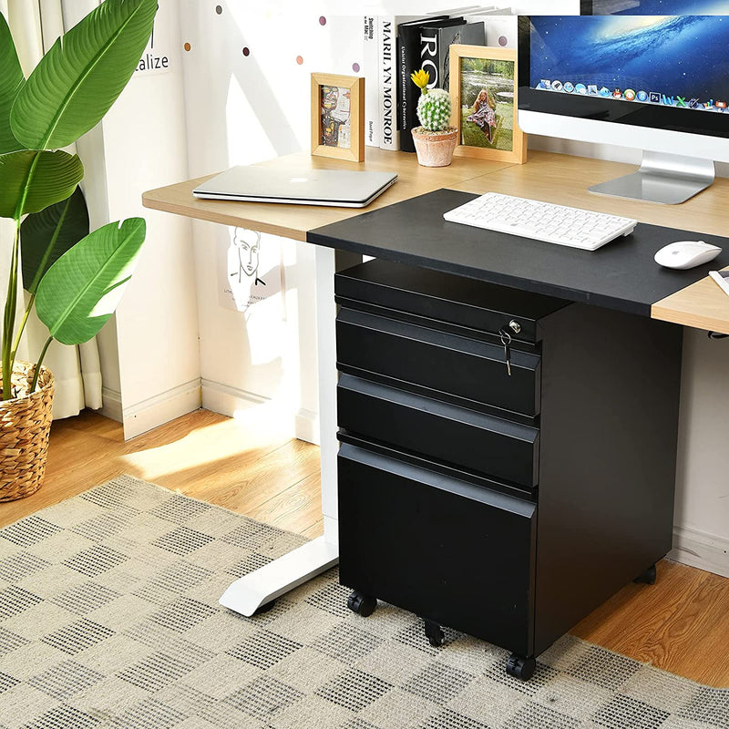 3 Lades verrijdbare archiefkast met slot, mobiele archiefkast met 2 sleutels en handgrepen, 40 x 50 x 64,5 cm (Zwart)