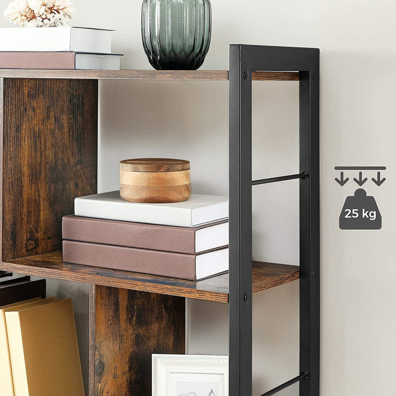 Boekenkast, plank met 4 niveaus, vrijstaande plank,  metalen frame, vintage bruin-zwart