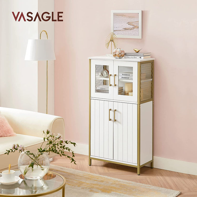 Badkamerkast, dressoir, opbergkast, verstelbare plank, stalen frame, voor woonkamer, keuken, wit-goudkleurig LSC260G10