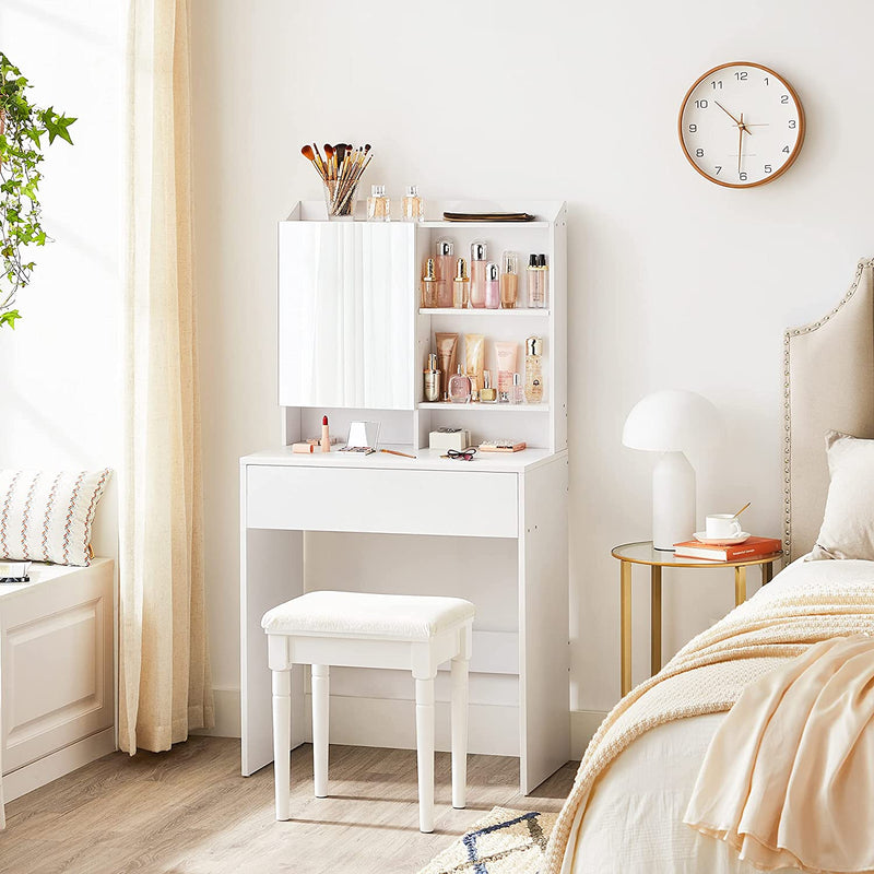kaptafel, make up tafel met spiegel en een lade, verstelbare planken, 70 x 40 x 136 cm, wit RDT118W01