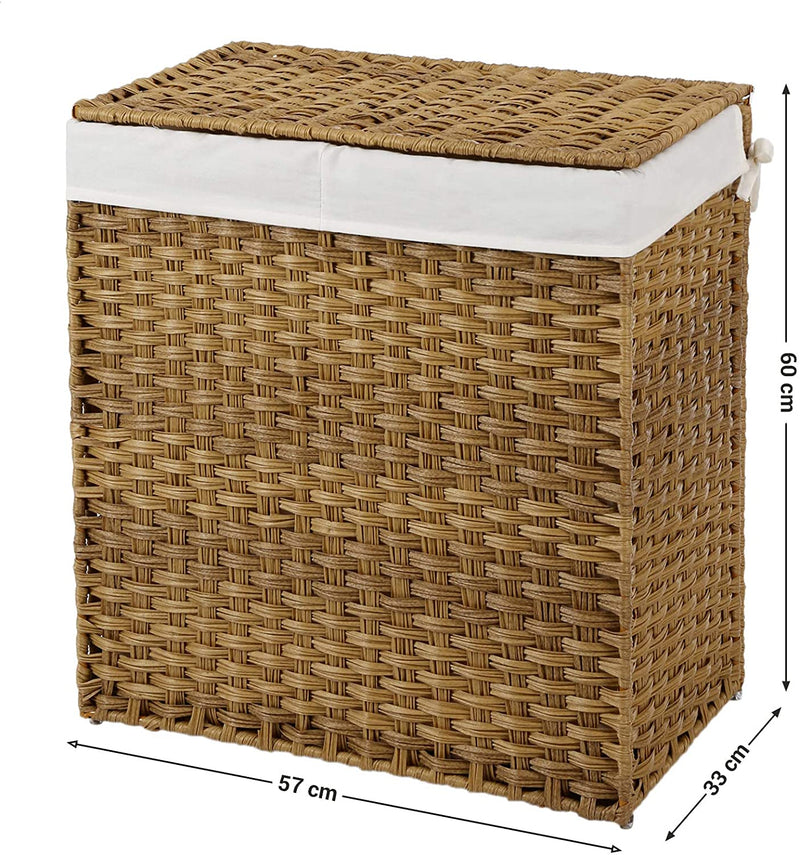 Wasmand handgevlochten, wasmand van synthetisch rotan, met deksel en handgrepen, wassorteerder, opvouwbaar, waszak uitneembaar, natuurlijke kleuren LCB52NL