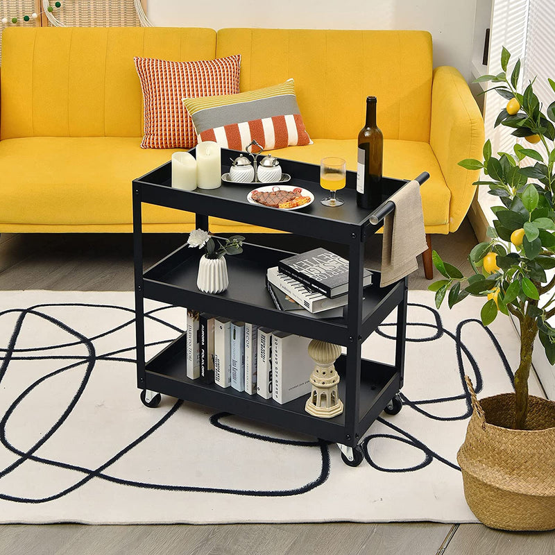 Keukentrolley met 3 lagen, stevige serveerwagen met veel opbergruimte en handvat, multifunctionele wagen met wielen, keukenwagen voor kantoor, garage, magazijn, werkplaats, 76 x 38 x 79 cm (Zwart)