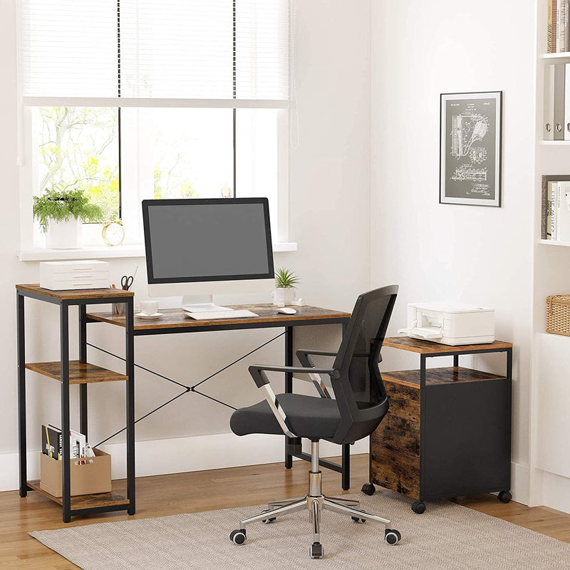 Bureau, computerbureau met legbord, verstelbaar legbord, met zijvak, 130 x 55 x 90 cm, industrieel ontwerp, vintage bruin-zwart LWD088B01