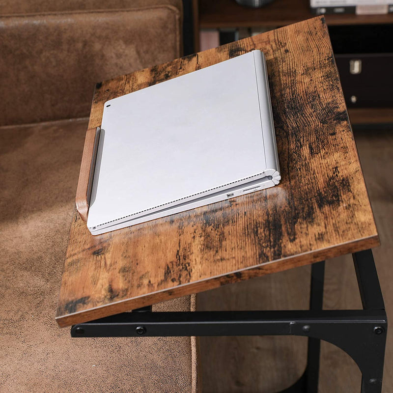 bijzettafel, laptoptafel met verstelbaar oppervlak, banktafel, bureau, slaapkamer, woonkamer, eenvoudige constructie, stalen frame, industriële stijl, vintage bruin-zwart LNT057B01