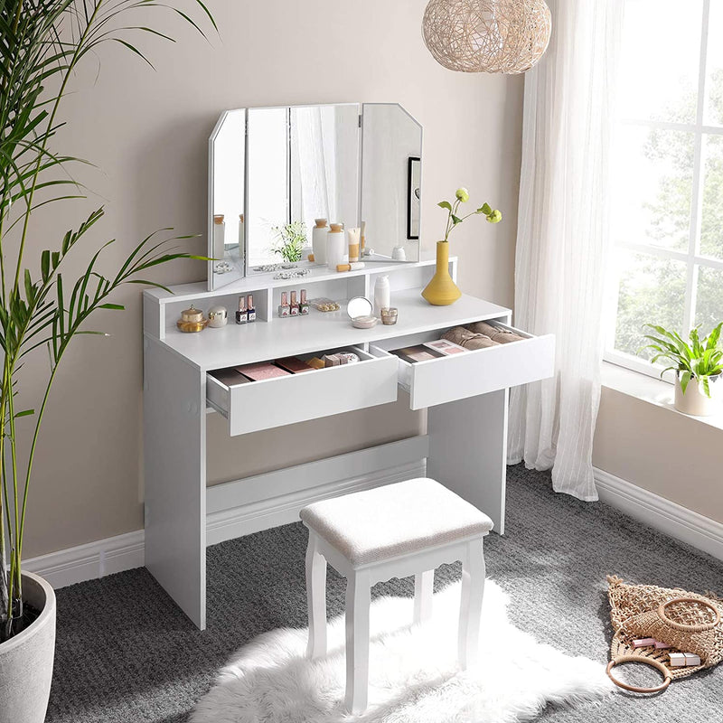 Kaptafel, kaptafel met opklapbare spiegel en 2 laden, cosmetische tafel met 3 open compartimenten, kaptafel, voor make-up, modern, wit RDT115W01