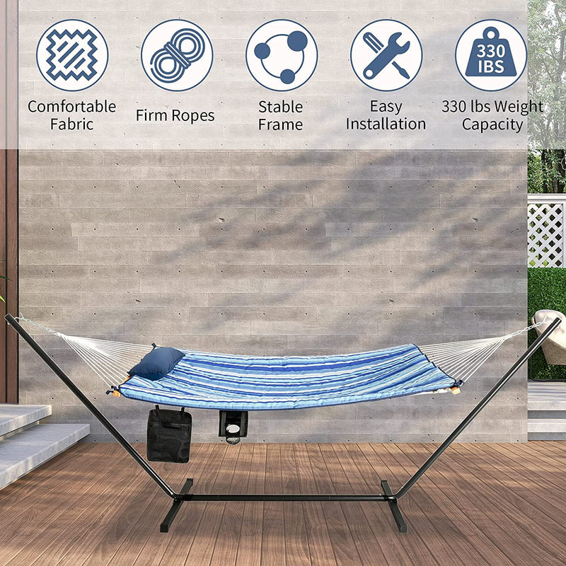 Hangmat met standaard, stevige stalen hangmat frame tot 150 kg, geweven katoenen hangmat stoel met kussen, bekerhouder en tas, binnen en buiten, eenvoudig te monteren, 345 x 92,5 x 125 cm