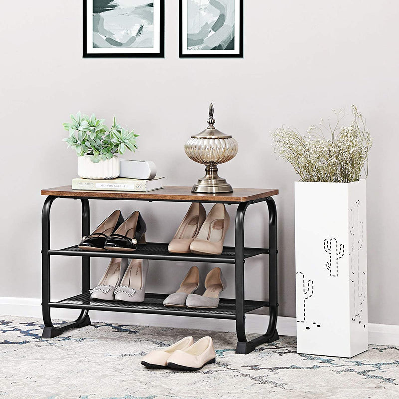 Schoenenbank schoenenkast in industrieel design, schoenenrek met 2 roosterplanken, afgerond frame, eenvoudige montage, stabiel, ruimtebesparend, smal, houtlook, vintage LMR32BX
