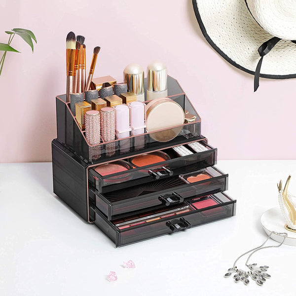 Make-up Organiser, 2-delige set Make-up Box, Cosmetische Organizer met 3 laden en 15 verschillende vakken, voor lippenstiften, borstels, zwart transparant en roségoud JKA002B01