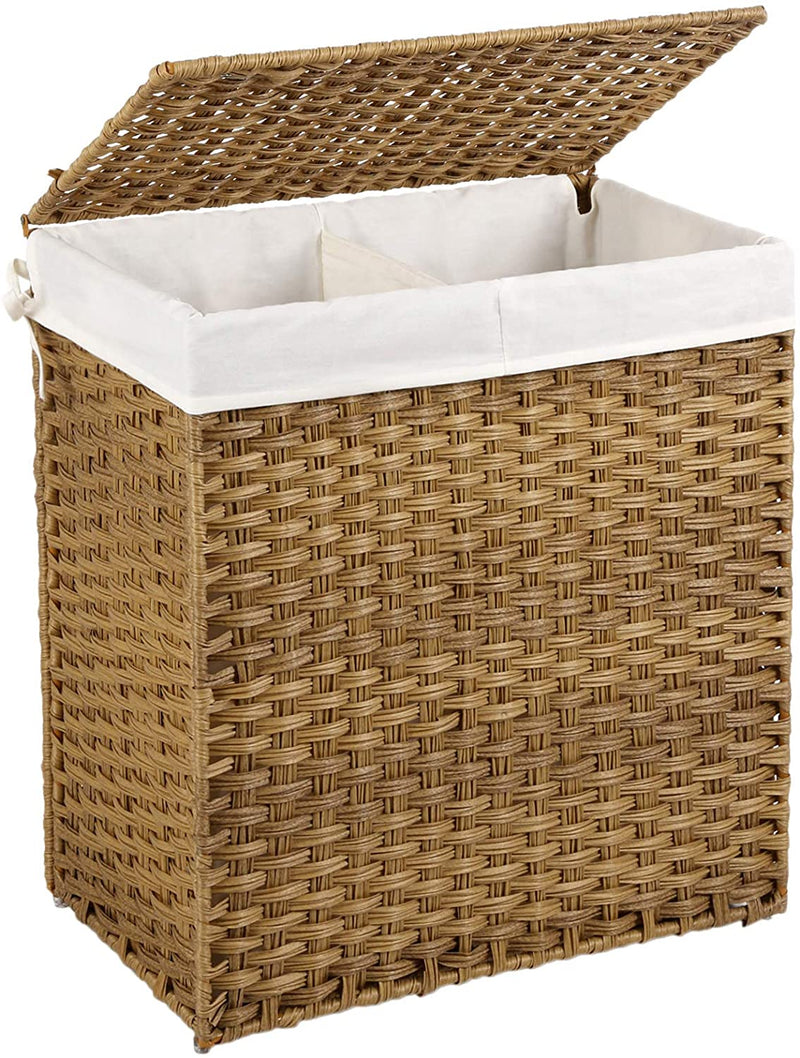 Wasmand handgevlochten, wasmand van synthetisch rotan, met deksel en handgrepen, wassorteerder, opvouwbaar, waszak uitneembaar, natuurlijke kleuren LCB52NL