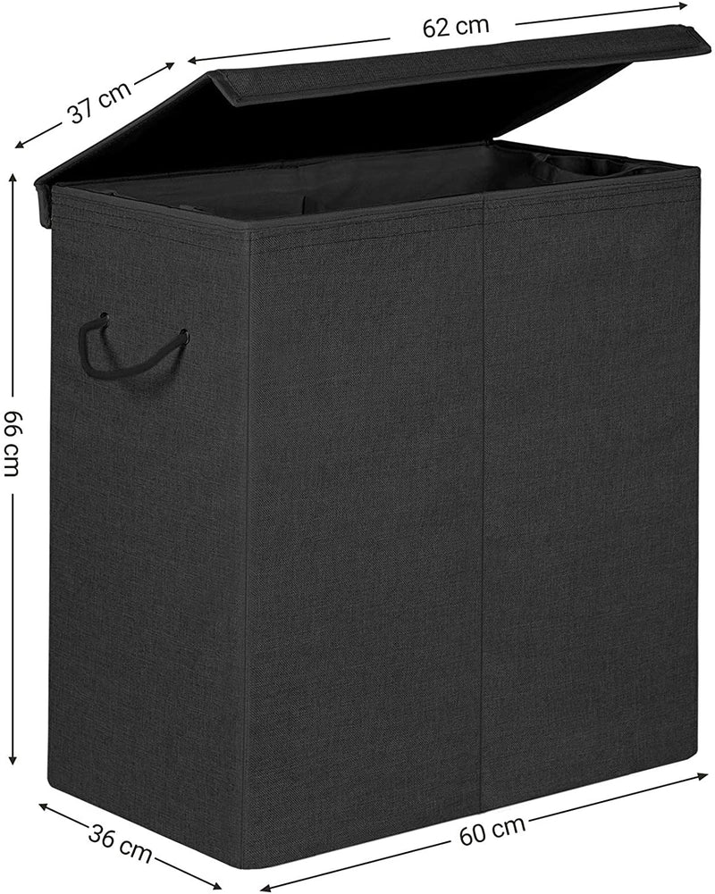 wasmand  imitatielinnen wasmand, wassorteermachine, waskist met aparte compartimenten, magnetisch deksel en handvatten, opvouwbaar, waszak afneembaar, zwart LCB02BK