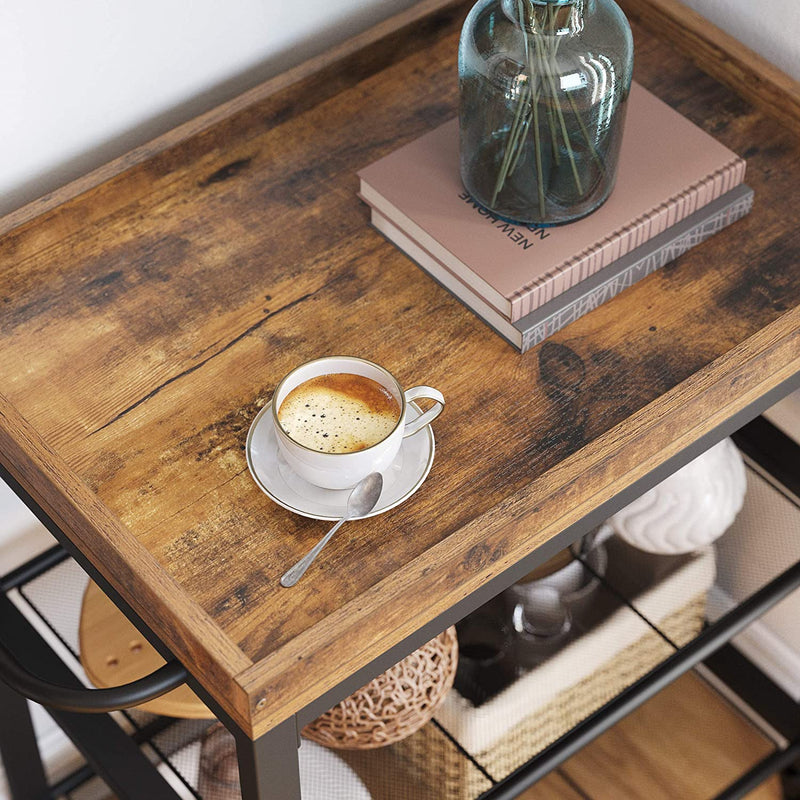 Serveerwagen, keukentrolley met universele wielen, keukenrek met verstelbare poten, stabiel metalen frame, 2 roosterniveaus, 60 x 40 x 75 cm, industrieel design, vintage, donkerbruin LRC75BX
