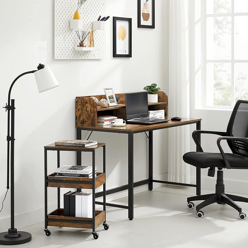 Computer bureau, bureau met monitorstandaard, gat voor kabels, kantoorset, 3 lagen rolwagen,  bruin-zwart LWD066B01