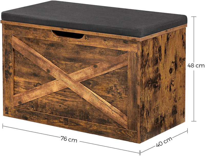 Schoenbank, zitkist, opbergkast, met bekleding, 76 x 40 x 48 cm, landhuisstijl, vintage bruin LHS056X01