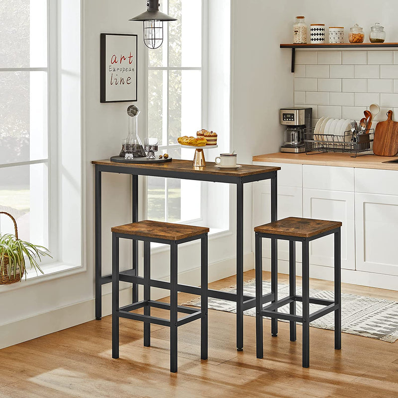 bartafelset, hoge tafel (100 x 40 x 90 cm) met 2 barkrukken (elk 30 x 40 x 65 cm), metalen frame, industrieel ontwerp, voor eetkamer, woonkamer, vintage bruin-zwart LBT218B01