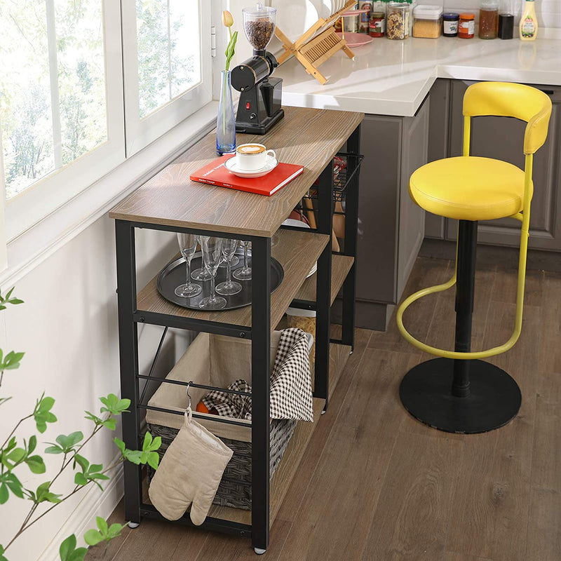 metalen keukenplank, stabiele staande plank, plaatsbesparende magnetronplank met stalen frame en draadmand, met 6 haken, industriële vormgeving, houtlook, zandbruin-zwart KKS90BH