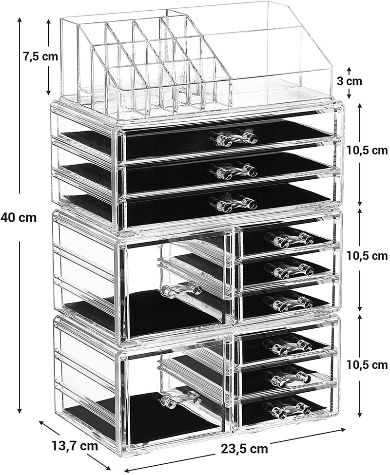 4 in 1 XXL Make-up Organizer, cosmetica organizer met 11 lades en 15 vakken in verschillende maten, anti-slip inzetstukken, voor make-up en sieraden, transparant JKA017TP