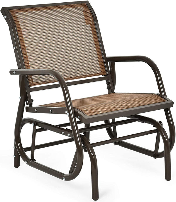 Schommel zweefstoel, Buiten schommelstoel met stevige metalen frame, Comfortabele enkele zweefstoel patio stoel voor tuin, veranda, achtertuin, zwembad, gazon (Bruin)