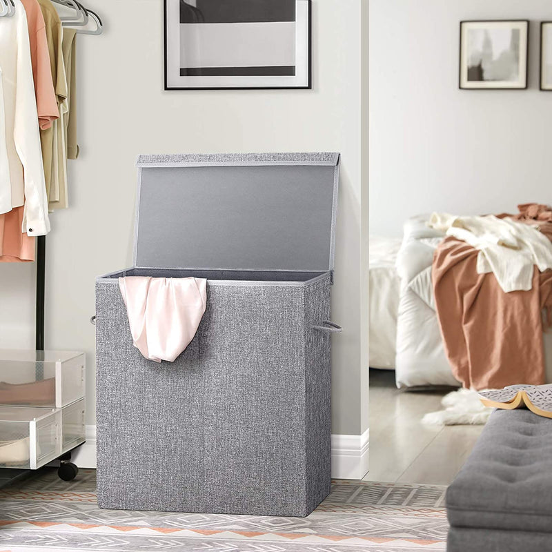 wasmand, imitatielinnen wasmand, wassorteermachine, waskist met aparte compartimenten, magnetisch deksel en handvatten, opvouwbaar, waszak afneembaar, grijs LCB02G