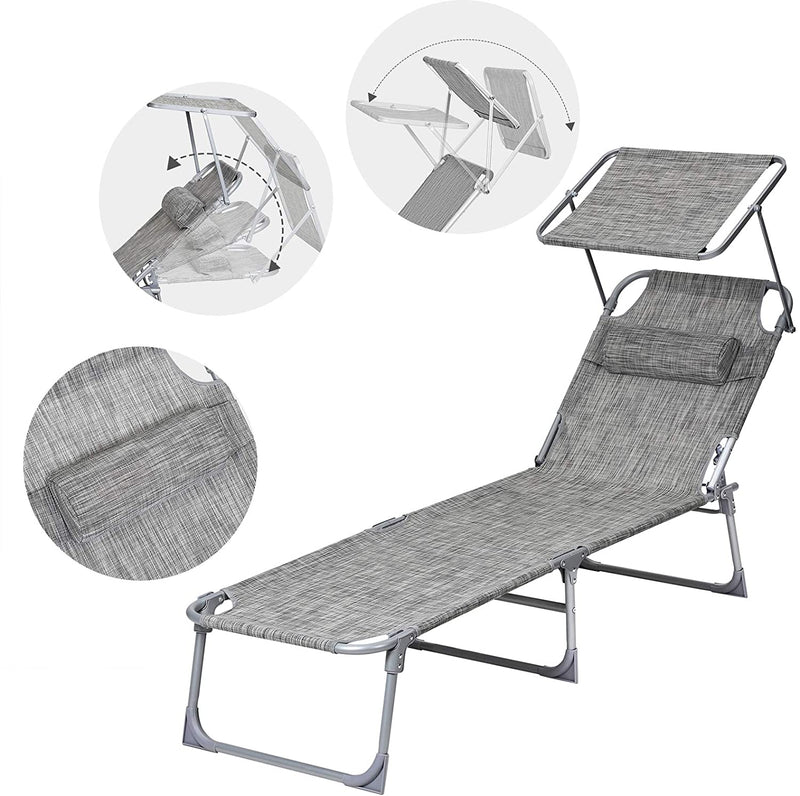 Zonneligstoel, ligstoel, tuinligstoel, met hoofdsteun en zonnedak, rugleuning verstelbaar, licht, inklapbaar, 53 x 193 x 29,5 cm, tot 150 kg ,