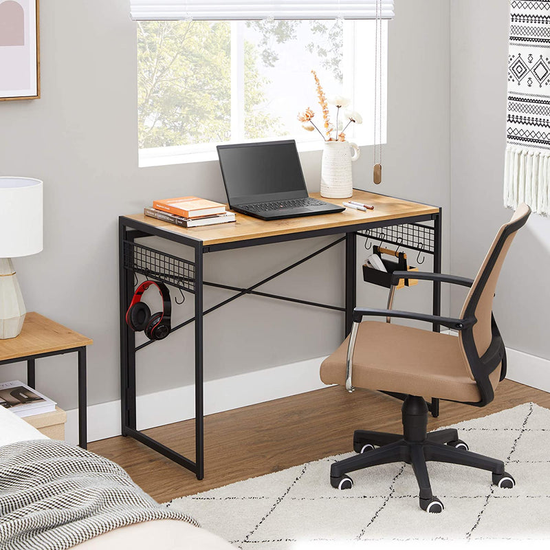 Computertafel, opklapbaar bureau met 8 haken, , honingbruin-zwart LWD042B05