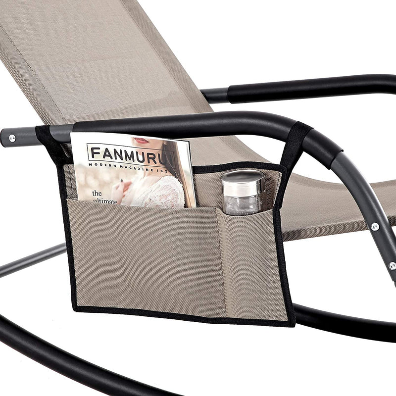 tuinstoel, ligstoel, schommelstoel met hoofdsteun en zijvak, ijzeren frame, kunstvezelstof, ademend, comfortabel, tot 150 kg belastbaar, bruin GCB23BR