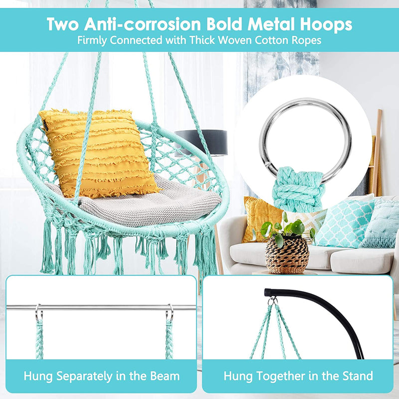 Hangstoel, katoenen touw macrame hangende schommelstoel voor woonkamer, tuin, balkon, scandinavische stijl, capaciteit van 150 kg (Groen)