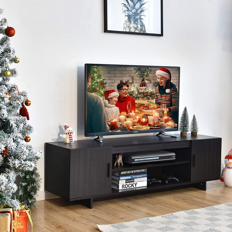 modern  TV meubel voor TV tot 65 inch, 152 x 40 x 45 cm, TV-plank met 2 opbergkasten & open planken, huiskamer meubilair TV lowboard