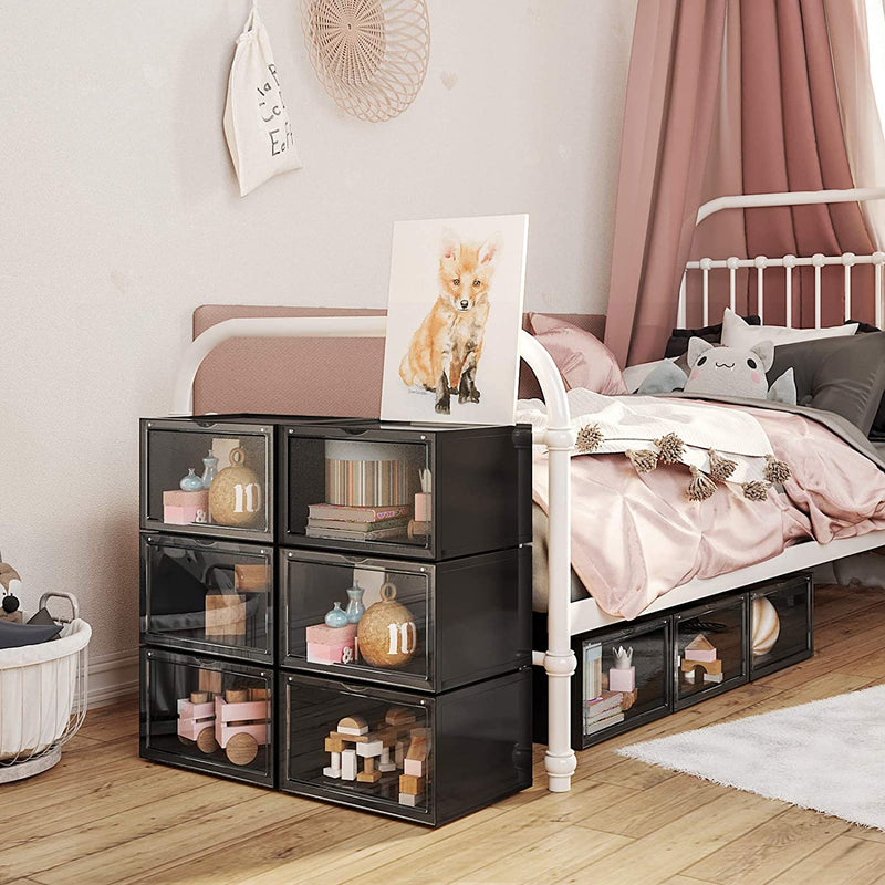 schoendozen, set van 6, stapelbare schoen organizers, plastic dozen met transparante deur, schoenopslag, voor schoenen tot maat 46, 36 x 28 x 22 cm, zwart LSP06CB