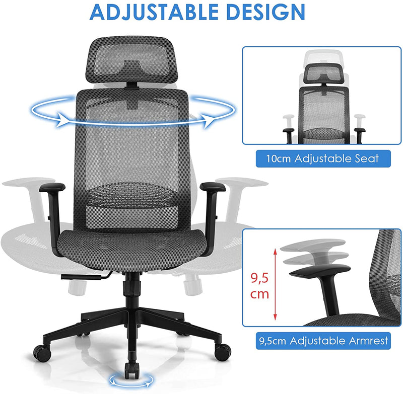 Ergonomische  bureaustoel, draaistoel, hoge rugleuning bureaustoel met verstelbare lendensteun, hoofdsteun, armsteun, rugleuning, kleerhanger, computerstoel (Grijs)
