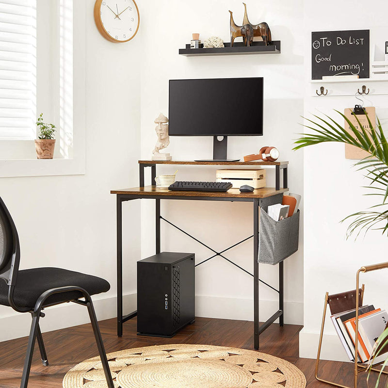 Bureau, computerbureau met monitorstandaard, opbergtas, verstelbare poten, industrieel ontwerp, 80 x 55 x 90 cm, voor thuiskantoor, vintage bruin-zwart LWD080B01