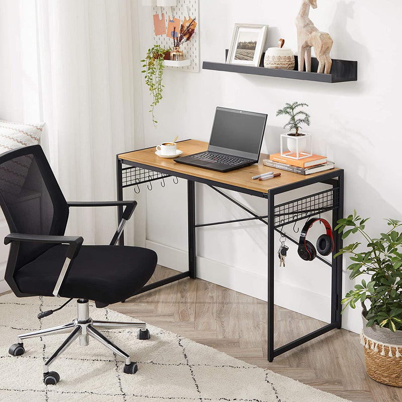 Computertafel, opklapbaar bureau met 8 haken, , honingbruin-zwart LWD042B05